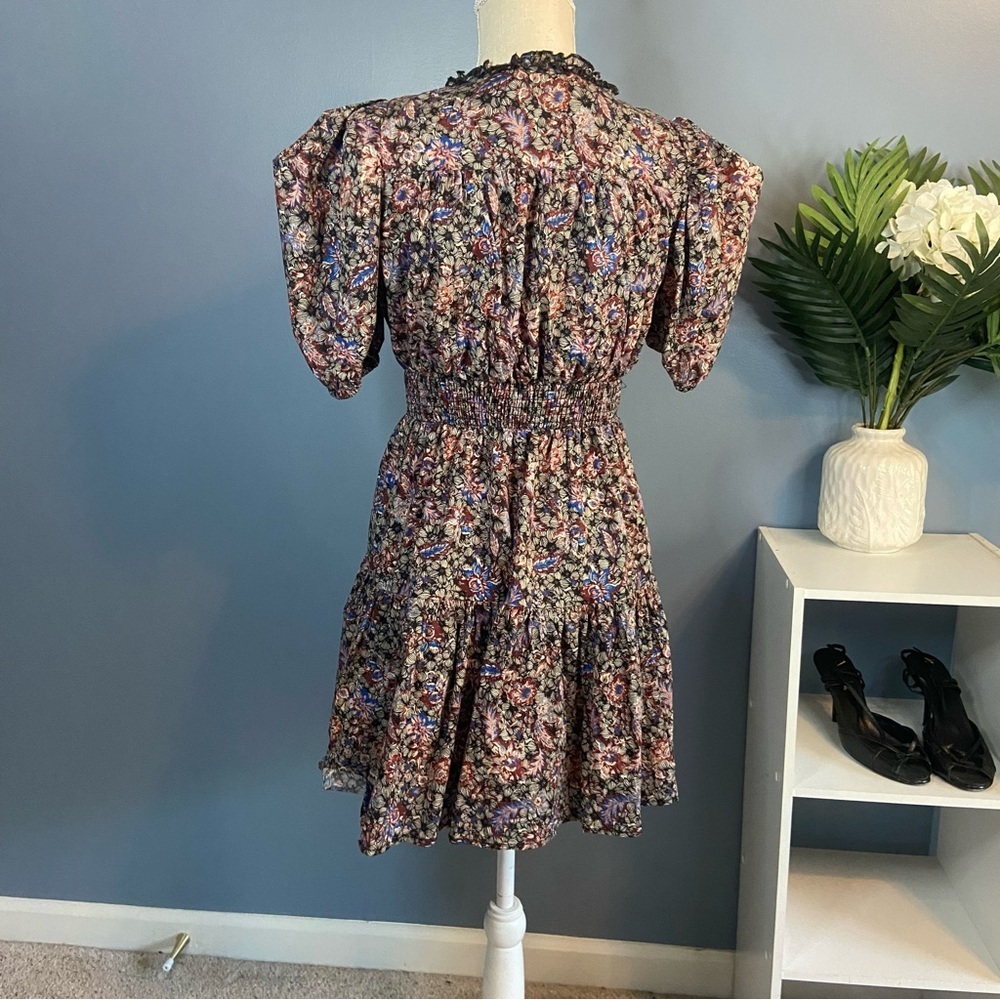 INA Dark Floral Puffy Short Sleeve Smocked Tiered Mini Dress - Picture 3 of 13